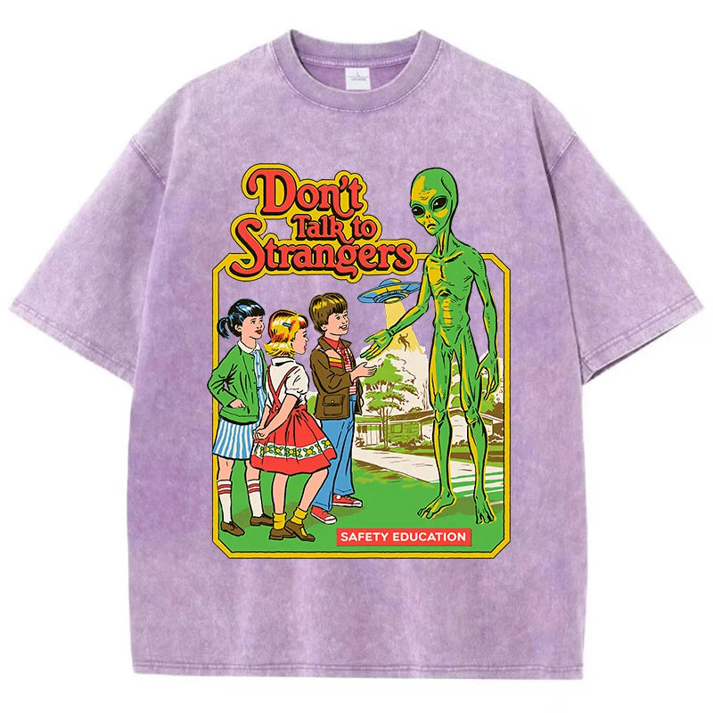 Cartoon Alien Classic Communication Print Women T-shirt Breathable Cotton Short Sleeve Washed Vintage Worn Out Female T Shirts