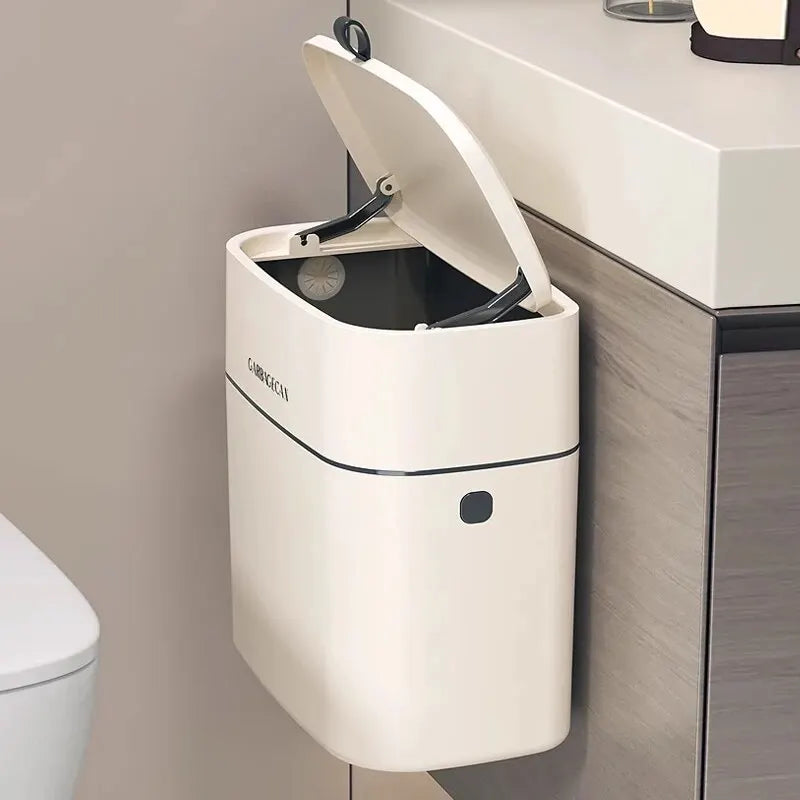 Stylish Hanging Trash Can for Household Toilets - Large Capacity, Square Design, Convenient Clamshell Lid