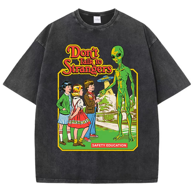 Cartoon Alien Classic Communication Print Women T-shirt Breathable Cotton Short Sleeve Washed Vintage Worn Out Female T Shirts